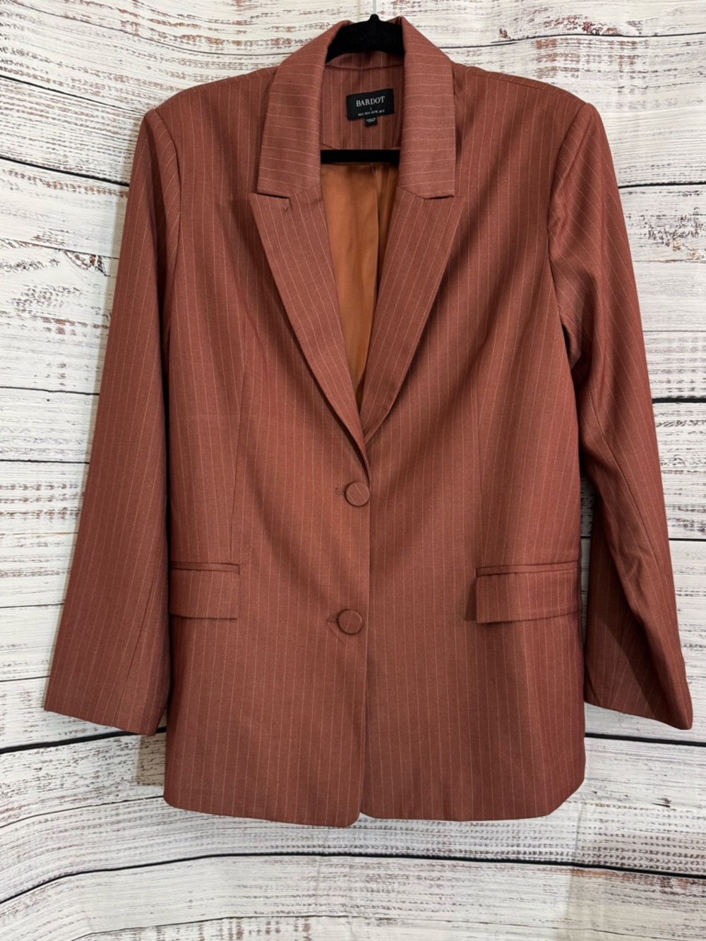 Bardot Blazer Womens size small pinstripe chestnut oversized Jacket front Button - Picture 3 of 13
